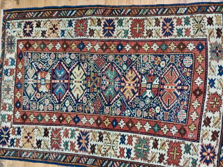 Caucasian small and rich pile rug from the Ghendje area, Azerbaijan.
The size is cm 95x145. 
Age is credited as end of 19th century or slightly earlier.
This small rug is very rich in  ...