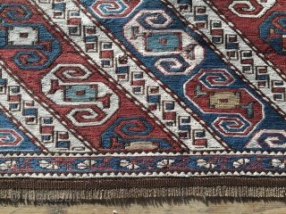 Dragon sumack mafrash panel. Khyzy village, north of Baku. Rare & beautiful. Cm 62x102. Late 19th c. Wonderful soft colors. Condition issues: one hole, lower border needs conservation. First pic shows part  ...