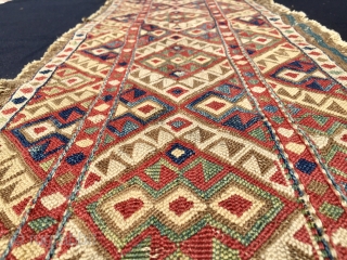 Sumack mafrash side panel. Cm 36x90. 4th q 19th c. Kurdish? Shahsavan? Sinanli? This time cannot decide, need help for right attribution. Great natural saturated colors. Very fine weave. A beautiful tribal  ...