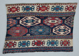 Wonderful Top Shahsavan reverse weft less sumack mafrash end panel. 
Size is cm 40x55 ca. Datable 1870/1890. 
Very, very fine weaving. 
Great crab pattern. 
Lovely deeply saturated natural colors. Note the aubergine  ...