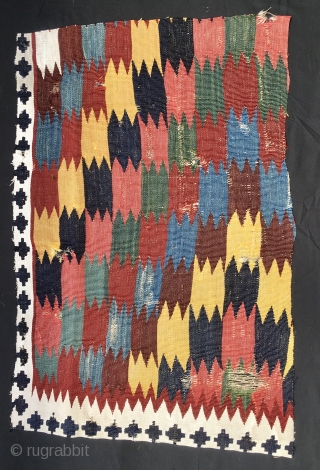 Qashqai kilim fragment. Cm 43x75. At least end 19th c. Very very fine weaving. Super natural saturated colors. A real small jewel.           