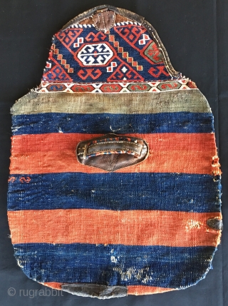 Kilim/sumack/leather mafrash end panels. Cm 45x65 ca each. Late 19th c. Unusual if not unique panels from a mafrash made out of two Eastern Anatolia cuvals/storage bags. Great colors. Great handles. Get  ...