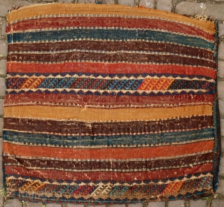 Just another “boring” Jaf Kurd bag with diamonds spread allover?
Better the diamonds in the front or the stripes in the back?
Pile rug with a rare and wonderful striped kilim back.
Size is 48x54  ...