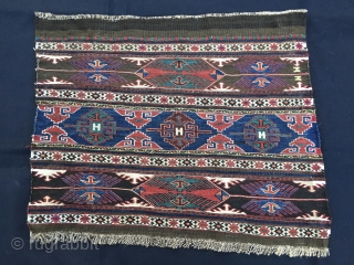 Shahsavan Eagle sumack mafrash end panel. Cm 44/49x57. Datable 1880/1890sh. Rare eagle pattern. Very fine and very very tight weave. White is cotton. The colors are magnificent, natural and deeply saturated: chestnut,  ...