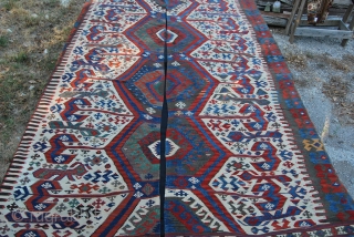 Aydin kilim. Western Anatolia. 2 pcs. Cm 325x185 Antique, wonderful colors, in very good condition.
See more pics on fb: 
http://www.facebook.com/media/set/?set=a.10151195965754258.507066.358259864257&type=3
This is a great, special kilim with fantastic colors and a wonderful pattern.  ...