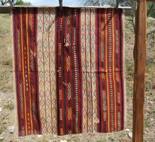 Sara-i-pul kilim fragment. Cm 118x132. Early 20th century. Afghanistan. Woven by Uzbekh tribes. Great colors, great pattern. Very thin & soft. Holes, tears, old moth problem,…..but still a nice piece. A real  ...