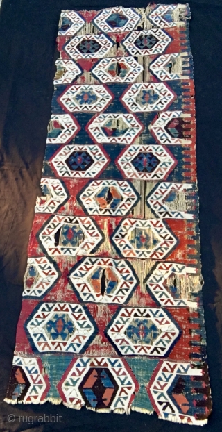 Get one or both fragment strips. Almost certainly Nigde area, Cappadocia, Central Anatolia. Cm 60x175 each. Datable 1860/18800. Great pattern, great colors, rare, collector's item.        