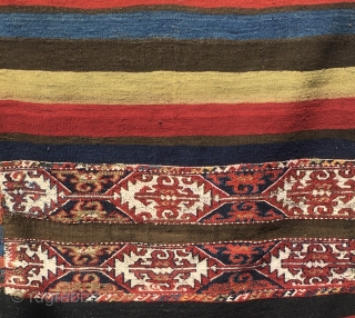 Antique Wonderful East Anatolian Storage bag or cuval.
Size is cm 110x150.
Datable to the 3rd/4th quarter of the 19th century.
Elegant, beautiful, detailed graphics.
Flat and sumack weaving.
Awesome deeply saturated natural colors.
After 100 and over  ...