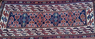 Khamseh Shahsavan sumack mafrash side panel. 
Size is 19’x37’ or cm 48x94. End 19th century. In great condition. 
Lovely “abdal-burun” main border also called “two headed bird”. 
The central field hosts four  ...