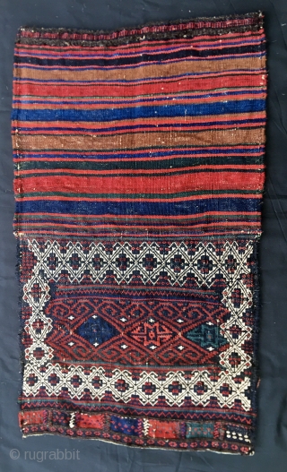 Colors & Graphics by the Afshar tribe. Cm 40x46 & 48x80 open. Probably oldish enough to be antique, or? Never mind, it's beautiful and charming.  A small, sweet tribal wonder.  