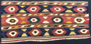 Caucasian Kazak Bordjalu kilim mafrash long panel. Cm 46x99. End 19th century or so. Pattern with sweet little medallions or diamonds!? Wonderful, natural saturated colors. A fantastic bight yellow, different madder reds,  ...