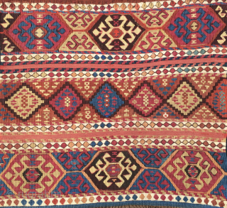 Enjoy the color power! 
Wonderful antique natural color Sinanli tribal group bag face. 
Eastern Anatolia. Cm 69x73. 
See the fantastic cochineal, the lovely madder red & orange, the bright yellow, the deep  ...