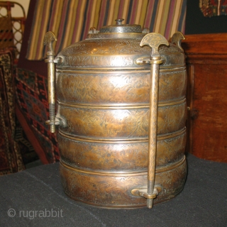 Ottoman 19th century or earlier brass safertas or food container. Cm 17x23h. Heavily decorated. Rare & beautiful. Few similar examples found in museums. See more pics on Picasa: 
https://plus.google.com/photos/102077108999072625754/albums/5883870564728796513?banner=pwa
See them also on  ...