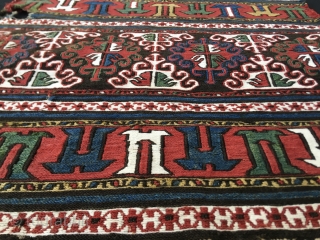 Rare Shahsavan sumack mafrash end panel. Cm 45x50. Most probably 1880/90sh. Very rare design. Wonderful natural deep saturated colors. Some condition issues. Collector's item. Not expensive, but also not that cheap. Last  ...