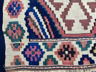 Caucasian, but could well be Shahsavan, kilim mafrash side panel. Cm 56x100. End 19th century at least. Great rainbowish pattern, amazing colors. In good condition. Highly colorful & enjoyable.    