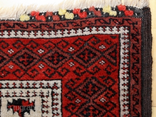 Baluch white ground Prayer rug; beginning 20th c.; 98 x 166 cm (3`3” x 5`5”); one says that Baluch prayer rugs with white ground are rare, this one has also in its  ...