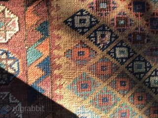 Unusual Antique Baluch. Lovely, soft colors. 2’10”X4’1” Very good condition; small homemade repair (see closeup photo). US buyers only.              