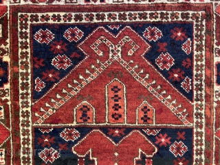 2'6'' x 3'6'' / 81cm x 107cm An antique Beshir rug rich colours with a stunning border from west Turkestan.

             