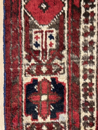 2'6'' x 3'6'' / 81cm x 107cm An antique Beshir rug rich colours with a stunning border from west Turkestan.

             