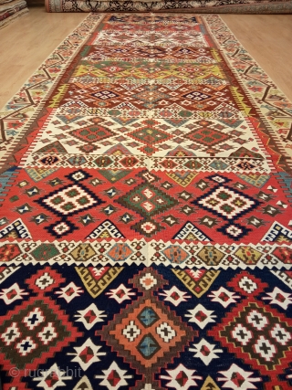 4'8'' x 13'5'' / 145cm x 410cm
An Awesome late 19th century Antique Anatolian Sivas Kilim with beatiful dyes.
https://www.instagram.com/carpetusrugs/               
