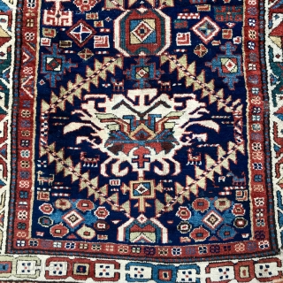 Antique Shasavan rug, 220x109cm, 1850 - 1870, glorious colours, glossy wool, exceptional border. Old repairs, cut and shut, fringes are not original, cotton warps, salmon red wefts.      