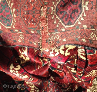 Good decorative Tekke main carpet, late 19th/early 20th Centuries. All natural colors, thick glossy, full pile wool. Several small poorly done patches (see detail).  Sides need minor attention, could use a  ...