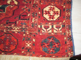 Complete fragment of a 4 by 10 Tekke main carpet mid 19th , cut and joined ... Beautiful old thing .            