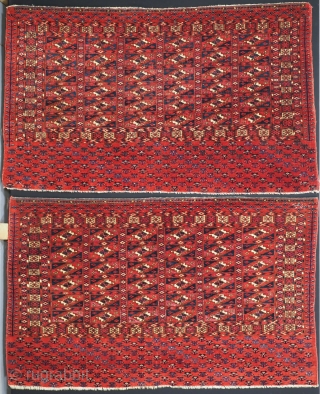 A pair of Antique Tekke Turkmen chuval with 'Aina' guls. www.knightsantiques.co.uk 
Size: 4ft 0in x 2ft 6in (122 x 75cm) approximate size of each face.
Mid 19th century.

An exceptional pair of chuval faces  ...