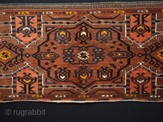 

Antique Ersari Turkmen torba with 'Salor' type design.
www.knightsantiques.co.uk
Circa 1900.
Size: 5ft 1in x 1ft 9in (154 x 54cm).
Torba are shallow wall bags used mainly in tents or yurts for the storage of personal  ...