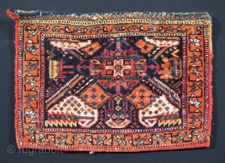 Antique tribal chanteh (vanity bag) with plain weave back, by the Afshar Tribe.
www.knightsantiques.co.uk
Circa 1900.
Size: 1ft 5in x 1ft 1in (44 x 32cm). Face size.
A good small tribal chanteh bag with original plain  ...