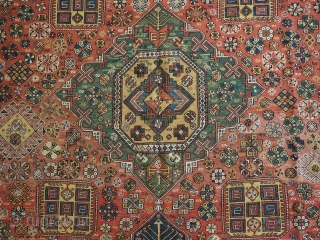 Antique Caucasian soumak carpet of three medallion design with scarce yellow border.
www.knightsantiques.co.uk
Circa 1870 or earlier.
Size: 312 x 220cm (10ft 3in x 7ft 3in).
This soumak is of the classic three medallion format, with  ...