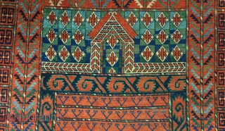 An unusual Uzbek Ensi(?). Good dyes including liberal amounts of blue/green. The piece is in good original condition, slight loss to bottom, and original kilim end finish to top. A piece fresh  ...