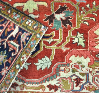 Good Heriz rug, scarce small format, finely made with good wool and soft dyes. Side cords replaced, very slight corrosion here ant there otherwise excellent original condition. Quite beautiful actually. Circa 1900.  ...