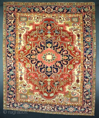 Good Heriz rug, scarce small format, finely made with good wool and soft dyes. Side cords replaced, very slight corrosion here ant there otherwise excellent original condition. Quite beautiful actually. Circa 1900.  ...