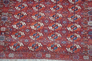 A good antique Tekke main, finly made with good color. a few small losses and repairs, but nothing major. Clean and floor ready. Mid 19th century, about 10 x 7 ft.  