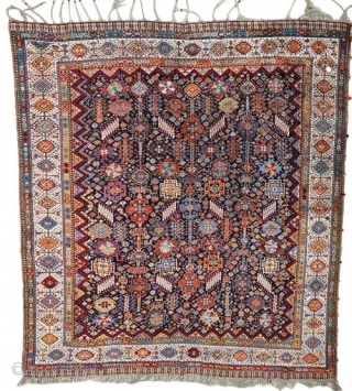 A very fine and exceptionally beautiful antique Shekarlu tribal carpet. Typical allover field design of animal figures, serrated leaves, flowers, rosettes and other filler elements woven in vivid natural dyes on rich  ...