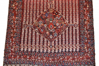 An antique South West Persian Khamseh tribal rug. 2 medallions filled with chickens and other filler elements float on a rare cane stripe ground. All natural dyes, all wool construction. A genuine  ...