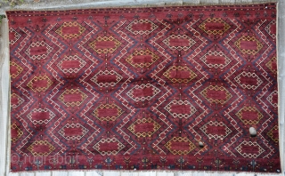 Antique Beshir Chuval face, finely woven with good dyes and shiney wool. Big and flashy with good graphic qualities. Full pile, but with 2 or 3 burn holes, one selvage replaced, one  ...