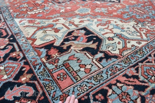 A good Heriz/Karaja carpet. Clear vegetable dyes in good original condition. A solid, clean carpet, washed and floor ready. 383x296cm. Circa 1900           