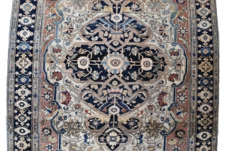 A fine antique Moteshem Kashan rug. Finely made with the beautiful wool and weave synonymous with the master weaver. Some corrosion/low pile, some small holes to ends Professionally conserved) remnants of original  ...