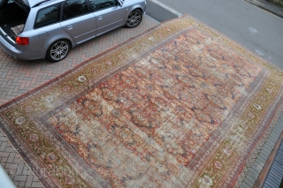 A massive antique Mahal carpet in "as found" condition with many problems. Lovely deisgn and soft color pallete. Good for a brave restorer or for a classic english country house look. White  ...