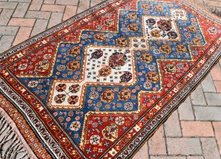 A fine antique Qasgai tribal rug from the Fars region in South Western Persia. Super little rug, tightly knotted, with very good clear natural dyes. A rug that should appeal to both  ...