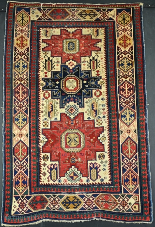 An antique kuba(?) rug with dripping colours and Leshgi design. Mid 19th century. about 6 x4 ft. See it in Stockholm!            