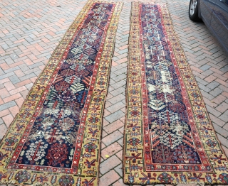 A pair of very beautiful north west Persian (Joshlagan?) runners, with very good wool and excellent dyes including a rich aubergine, in as found condition. Missing outer guards, areas of wear etc.  ...