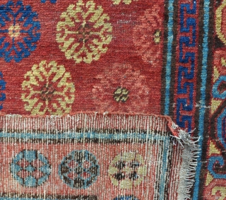 A good Khotan carpet with lovely fresh dyes and soft shiney wool, some wear, but easily fixable having its original selvages and kilim ends, virgin condition, unwashed and untouched. Fresh from the  ...