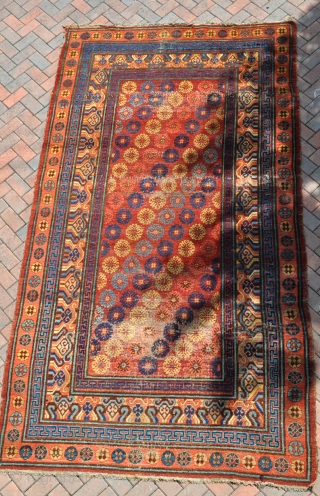 A good Khotan carpet with lovely fresh dyes and soft shiney wool, some wear, but easily fixable having its original selvages and kilim ends, virgin condition, unwashed and untouched. Fresh from the  ...