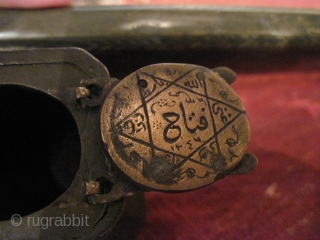 Ottoman period, beautifully patinated bronze or brass scribe's pencase (divit), with large inkwell and interesting decorations, including an elegant tulip with tughra and star of David.       