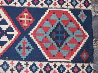 Outstanding Caucasian kilim, 3.2 x 11.1. FIne, old weave, fantastic colors, unusual format, a few small holes and losses at the sides, and some kind of black mark (marker?).  For hanging  ...