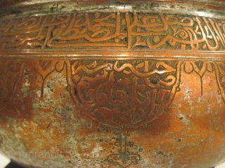 Large, early, tinned copper vessel, inscribed. Probably Central Asia, 16th/17th C.  11"D x 6"H. For a comparable example, see:  Uzbekistan, Kalter & Pavaloi, pg. 120, fig 192.    
