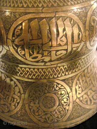 Mamluk revival hookah base (or possibly candle holder?), in brass, 19th C., Egypt or Syria. Elaborately and elegantly hand decorated.             